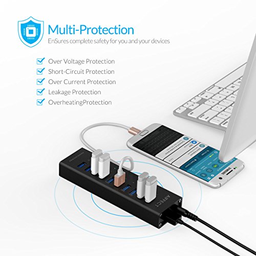 AIFFECT 10 Port USB 3.0 SuperSpeed Charging Hub with Power Adapter, BC 1.2 Charging Support – Black - 2
