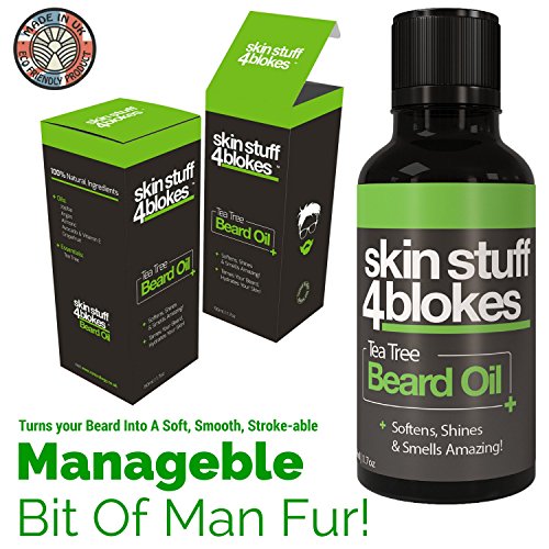 Skin Stuff 4 Blokes Tea Tree Beard Oil & Conditioner - 50ml The Crisp, Fresh Scent Is Like Stepping Out Into The Wooded Snow Capped Alps & Breathing Deeply! Our Lightweight Face Hair Oil is Designed To Enhance The Health Of Your Beard, With 100% Natural Ingredients, This Oil Moisturisers, Nourishes, Softens & Conditions Not Only Your Facial Hair, But The Skin Underneath! Treat Your Beard Right - Repair Coarse, Damaged Hair & Tame That Incontrollable Mane. Quite Possibly The Best Oil On the Market, Specifically Designed With Your Beard In Mind! An Essential Addition To Any Bathroom Cabinet . Never Greasy, Always Softening & Banishes Dandruff Flakes!
