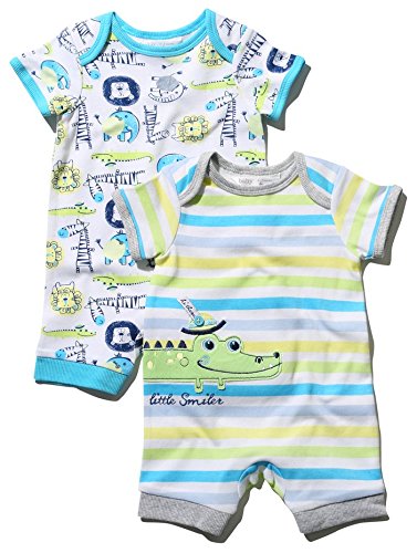 M&Co Baby Boy Short Sleeve Contrast Trim Envelope Neck Crocodile Print Rompersuits Two Pack White Newborn