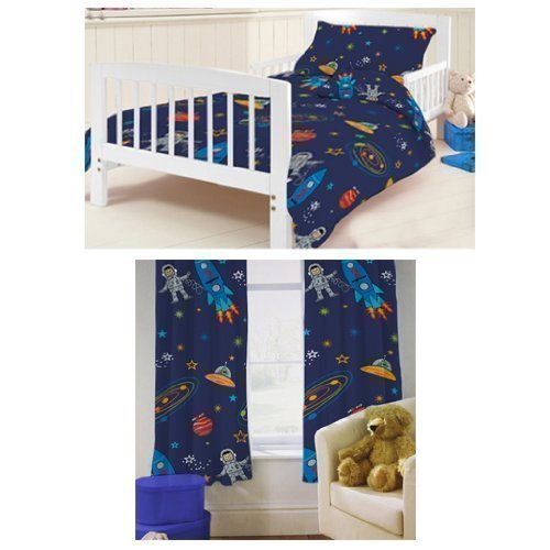Space Boy Cot Bed Duvet Cover Set with Matching Curtains 66 x 72"