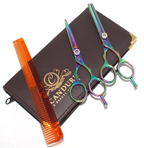 CANDURE®- Professional 5.5" Hairdressing Barber Salon Scissors, Thinning Scissors set , Multi Zebra with Gold Screw Plus Brown Presentation Case