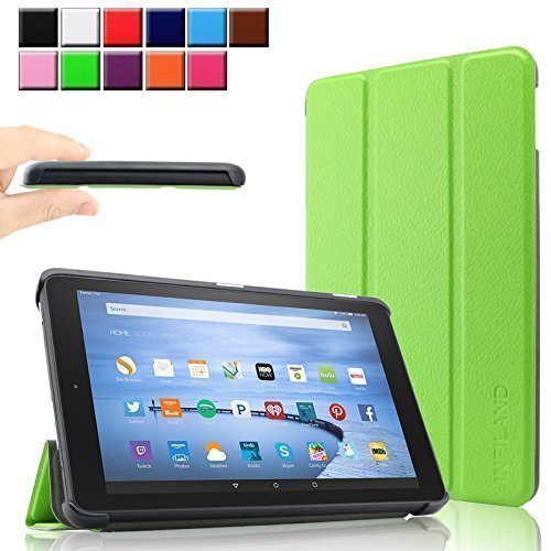Fire 7 Zoll 2015 Hülle Case, Infiland Fire 7 Zoll Huelle Ultra Dünn Tri-Fold Muschel PU Leder Ultra Schlank Superleicht Ständer Shell Cover Schutzhülle Etui Tasche für Amazon Fire 7 Zoll 2015 (7-Zoll-Tablet, 5. Generation - 2015 Modell)(Grün)