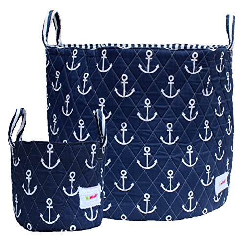 Minene Large & Small Storage Basket with Blue Anchor - star storage baskets, round storage baskets, large fabric storage basket - great for toy storage, kids storage and as a laundry hamper