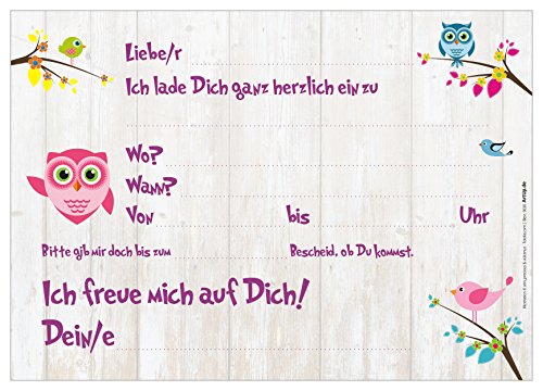 12 Einladungskarten „Du bist eingeladen!“ angesagte Holzoptik niedliches lustiges Uhu- Eulen-Motiv / Geburtstagseinladungen Einladungen Geburtstag Jungen Mädchen Einladungstext Vorlagen Karten Set - 2