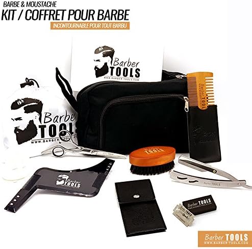 ✮ BARBER TOOLS ✮ Kit / Set / Caring set for beard. Beard comb + Beard brush 100% wild boar hair + Scissors for beard + The Beard Styling Template + shavette + 5 double blades + bib + large storage case with zipper. The perfect gift for bearded men.