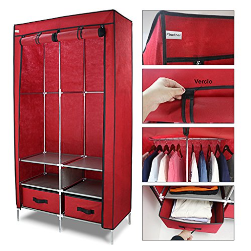 Finether Faltschrank Stoffschrank Textilschrank Faltkleiderschrank Stoffkleiderschrank Textilkleiderschrank faltbarer Kleiderschrank aus stoff mit Kleiderstange für Schlafzimmer Camping stabil 2-türig 87 x 45 x 170cm Rot - 5