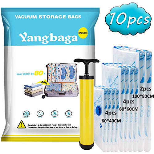 Yangbaga 10 PCS Sacs de Rangement sous Vide Réutilisables avec Pompe à Main Fonctionne avec Tous Les aspirateurs- Sacs de Compression Parfait pour Voyager(Inclus 3 Tailles de Sac Rangement)