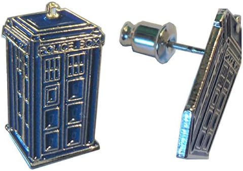 Doctor Who Tardis Time Machine Police Call Box Silver Plated Metal Enamel Earings