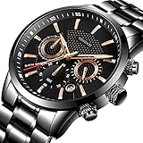 WISHDOIT Männer Freizeit Sport Wasserdicht Analoger Quarz Armbanduhr Schwarz Edelstahl Chronograph Kalender 9866B