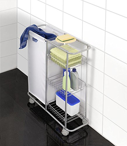 WENKO 12100100 Sammelwagen Slim – 3 Etagen, abnehmbarer Sack, Fassungsvermögen 28 L, pulverbeschichtetes Metall, 20 x 58 x 80 cm, Grau - 9