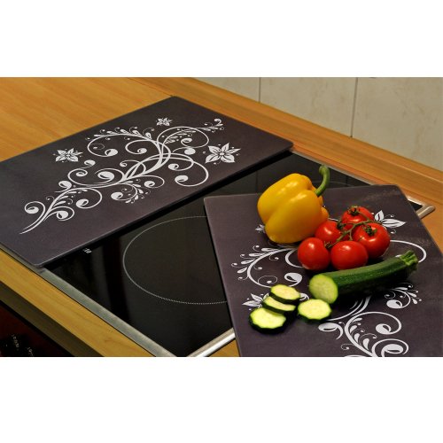 Hummelladen || 2 Stück 52x30 cm große Schneidebrett / Abdeckplatte Schwarz mit Blumendruck || Glas Sicherheitsglas Glasschneidebrett Herdabdeckplatte