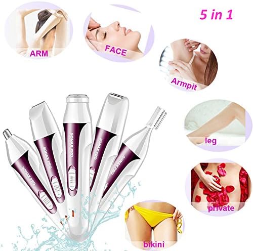 XINCARE Women Hair Removal Kit,5 in 1 USB Electric Waterproof Lady Shaver Body Hair Groomer Trimmer For Face/Legs/Eyebrow/Nose/Bikini Female Epilator Wet and Dry - Purple