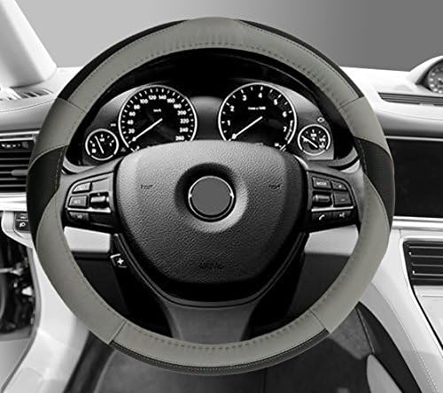 Gomass Car Leather Steering Wheel Covers Universal 15 inch Breathable Anti-slip Wheel Wrap (black grey)