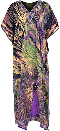 New Ladies Womens Long Cool Kaftans Printed Dress With Waist Tie (V/Peacock Purple)