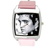 taport® Elvis Presley Music Legend Quarz Square Armbanduhr Pink Echt Leder Band E8 + Gratis Ersatz Batterie + Gratis Geschenkverpackung