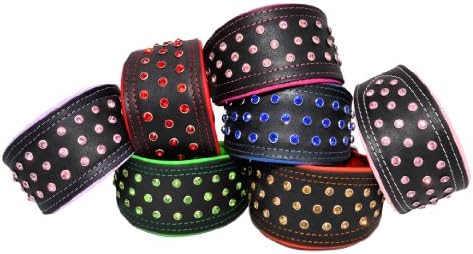 Greyhound Lurcher Whippet Glossyblack Diamante Handmade Real Leather Dog Puppy Collar (Black with Baby Pink lining, 19.5")