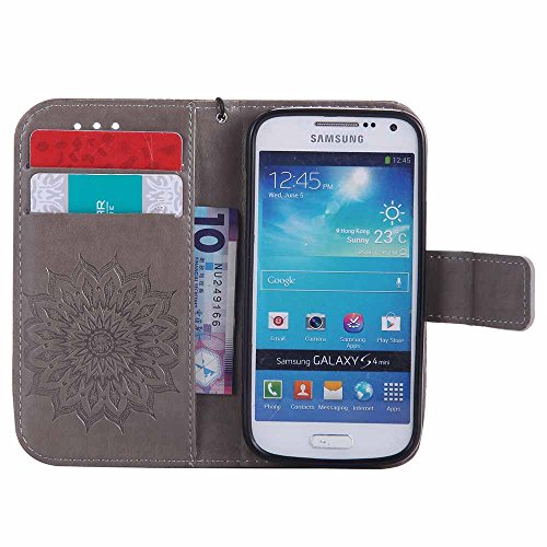 Galaxy S4 Mini Hülle, Dfly Premium Slim PU Leder Mandala Blume prägung Muster Flip Hülle Bookstyle Stand Slot Schutzhülle Tasche Wallet Case für Samsung Galaxy S4 Mini i9190, Grau - 4