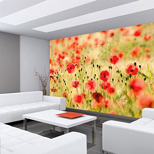 Vlies Fototapete 350×245 cm PREMIUM PLUS Wand Foto Tapete Wand Bild Vliestapete – DREAM OF POPPIES – Romantik Mohn Feld Blumen Gras – no. 070 - 6