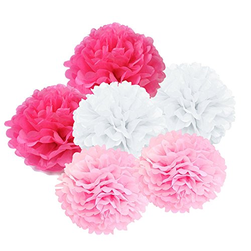 Freedom-vp Papier Pompom 12er 20cm/25cm Mixed DIY Papier Blumen PomPoms Zum Aufhängen Seidenpapier schöne Dekor für Geburtstag Hochzeitsfest Basteln Babyshower Dekoration Feier Party Baby-Duschen Brautduschen Wohnungdeko (Weiß-Pink-Rosa Rose)