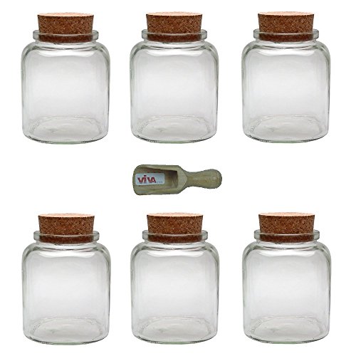 Viva Haushaltswaren 6 quadratische Glasdosen, Vorratsdosen circa 695 ml, inklusive einer kleinen Holzschaufel