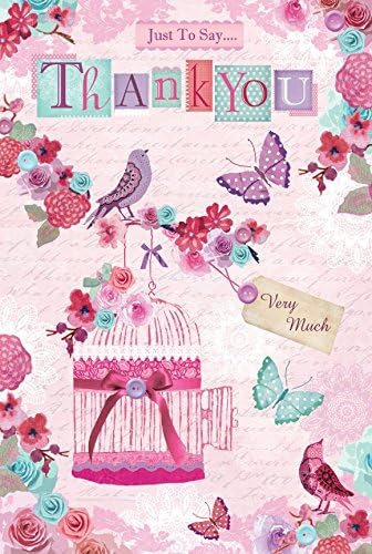 Thank You Greetings Card - Pink Birdcage, Little Bird &amp; Bright Roses 8.5" x 5.5"