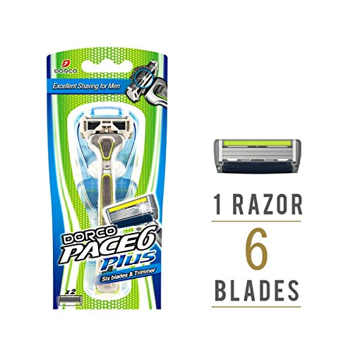 Dorco Pace 6+ Razor for Men: World’s First Six-Blade Design – Pivoting Head for Maximum Coverage – Built-In Fine Sculpting Trimmer – Lubrication Strip with Aloe and Vitamin E – 6 Blades + 1 Handle