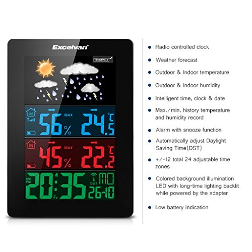 Excelvan Wireless Bunte Wetterstation Thermometer Hygrometer Indoor & Outdoor Funkwetterstationen mit vorhersage Temperatur Luftfeuchtigkeit Außensensor - 3