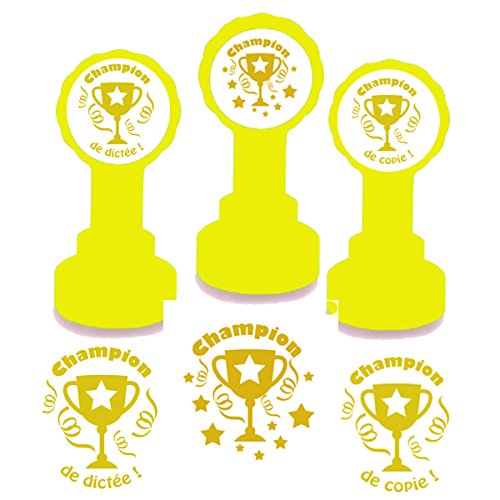 Champion 3 Tampon Français de Trophée. Design en or d'encre. Tampon Auto-encreur pour Enseignant - Champion, Champion de Copie, Champion de dictée.