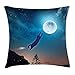 Produktbild KLYDH Cat Throw Pillow Cushion Cover, Cat Jumping in The Air Catching The Moon at Night Sky with Stars Fantasy Artwork, Decorative Square Accent Pillow Case, 18 X 18 Inches, Blue Magenta