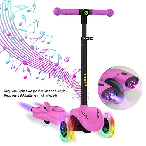 Hiboy Patinete de 3 Ruedas,Scooter con Ruedas LED Iluminadas,Música y Humo Colores para niños +3 Años, Rosa