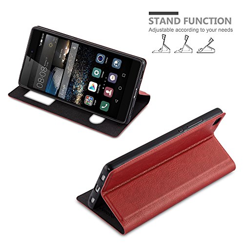 Huawei P8 Funda Estilo Libro de Cuero Sint  tico en ROJO AZRAF  N de Cadorabo  Dise  o VIEW      Cubierta Protectora con Cierre Magn  tico  Funci  n de Suporte y Doble Ventana     Protecci  n Carcasa Caja Etui Case Cover