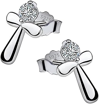 Meixao Sterling Silver Cross Stud Cubic Zirconia Earrings for Women (White)