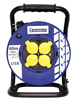 Michelin Enrouleur électrique PRO&GARAGE – Enrouleur manuel 40m – 3 prises encastrées 2P+T et 1 prise USB pour Smartphone ou autre - Corps en PP (polypropylène) / cadre en acier trempé – Protection surcharge thermiques