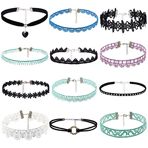 Preisvergleich Produktbild JUSTSELL Halskette Set DamenFrauen Velvet Klassische Gothic Tattoo Spitze Choker 12 Stück Mehrfarbig Choker Mode-Design Kette Süß Halskette Elegant Halskette