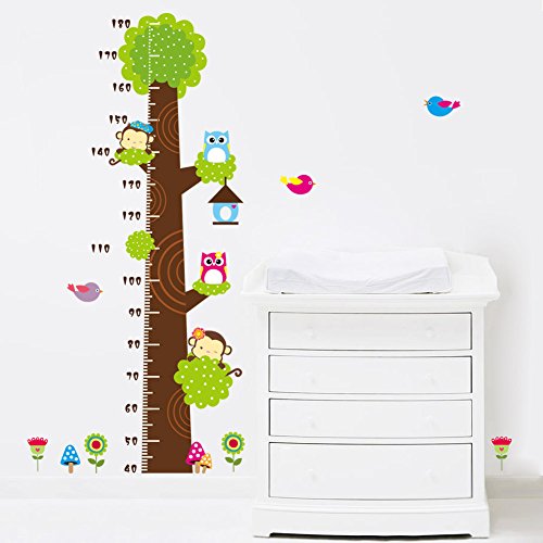 Missley bnehmbares wiederverwandbares Körpergröße Wandbild in Tier Stil Serie Cartoon Animal Wallsticker Wandtattoo für Kinder Messlatte Messen Aufkleber für Wohnzimmer und Kinderzimmer Deko Wandpapier in verschiedene Größe und Motive (Affe Eule und Grün Baum)(81*144) - 5