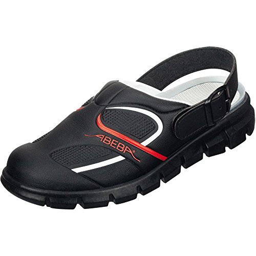 Abeba - Zapatos de Trabajo (Microfibra A, con Buen Agarre, Correas Ajustables en el talón, Aptos para Cocina, OB, A,E,FO SRC, HACCP), Color Negro Negro Blanco/Rojo Talla:44