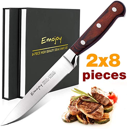 Cuchillos de Carne, Juego de 16 Cuchillos de Mesa de Acero Inoxidable, 2 Sets Cuchillos de Mesa de Alta Calidad, Cuchillos de Carne para Mesa con 2 Caja, Cuchillos Cocina por Emojoy
