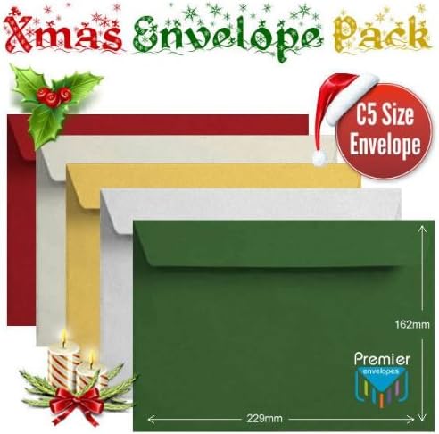 50 Festive Xmas Card Envelopes Multi Coloured C5 Self Sealing Christmas Card Envelope
