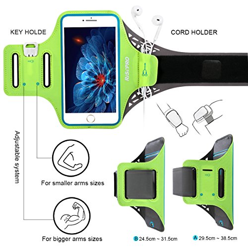iPhone 7Â Plus Armband, Risepro iPhone 6Â Plus riconoscimento delle impronte digitali sostenuto da braccio per la corsa, allenamento, leggero, traspirante, in lycra, tasca nascosta, portachiavi, taglio auricolare per iPhone/Galaxy Note 5Â (14Â cm) e altri smartphone