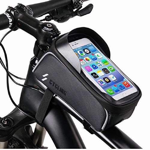 XLHVTERLI Bike Frame Bag, Waterproof Bike Pouch Bag, Cycling Front Top Tube Touchscreen Sun Visor Storage Bag with Headphone Hole for iPhone Samsung and other Smartphone Below 6.5 Inch