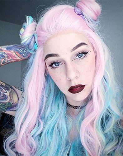 Musegetes Pastel Pink Rainbow Body Wave Synthetic Lace Front Wigs Heat Resistant For Women