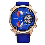 WINWINTOM Uhren Herren Sale, Luxus Herren Flieger Weiß Automatik Mechanische Datum Tag Leder Armbanduhr (Blau)