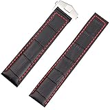 TIME4BEST Unisex 20mm Schwarz Lederband rot Nähte Faltschließe Kompatibel mit Tag Heuer