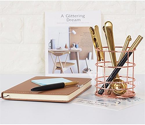Sonicee Mesh Metal Pen Holder Box Case Office Home Desk Stationery Makeup Organiser Storage Pot (Rose gold, Round)