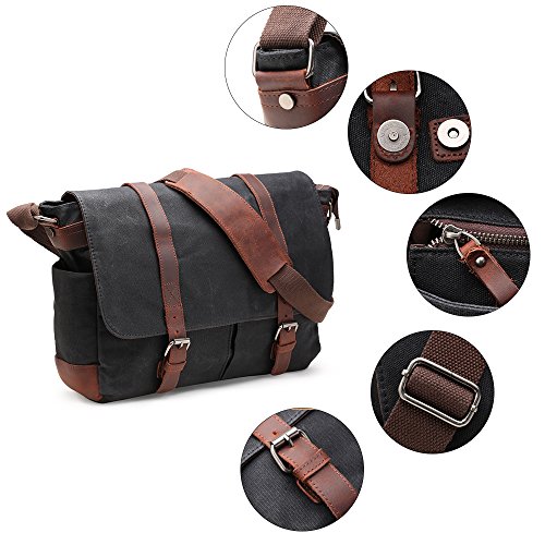Messenger Bag H-ANDYBAG Waxed Canvas Schwarz Crossbody Arbeiten Schultertasche Passt 15 Zoll Laptop