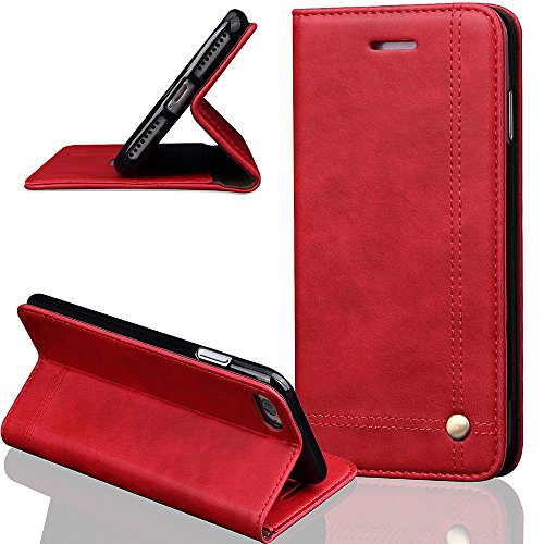 Preisvergleich Produktbild Wallet Hülle Für Apple iPhone 7 Hülle Leder [Rot] Muster Tasche Flip Case ISENPENK,Bookstyle Case Handyhülle Lederhülle 3-in-1 Geldbörse Tasche,Schutzhülle Mit Ständer Standfunktion Tasche Credit Card Slots