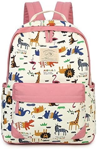 HAPPYTIMEBELT Double Zipper Cartoon Animals Printing School Backpack Student Book Bag(Pink)