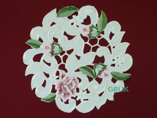 Tablecloth accessories - doily/place mat - Round 7" (18cm) - Pink Rose with White daisy embroidery (Belgium Style)