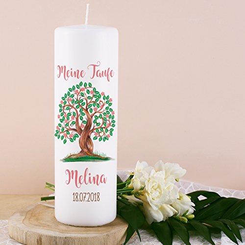 Striefchen® Taufkerze für Mädchen - Motiv: Baum des Lebens - inkl. Gratis Beschriftung 250/80mm Brenndauer ca. 120 h 1 - Baum des Lebens - Weiß - 2