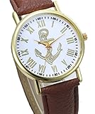 Armbanduhr mit Anker - Edelstahl vergoldet mit weichem Lederarmband